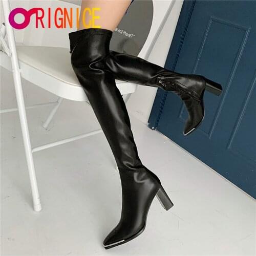 Orignice New Elegant Over The Knee Boots Women Fashion Square Toe Zipper Autumn Winter Chunky High Heels Thigh High Sexy Shoes