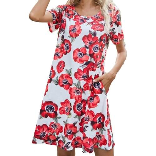 Summer Women Mini Dress Pockets Floral Print Short Sleeves Pockets Above Knee Loose Leisure Dress for Office Party Wear