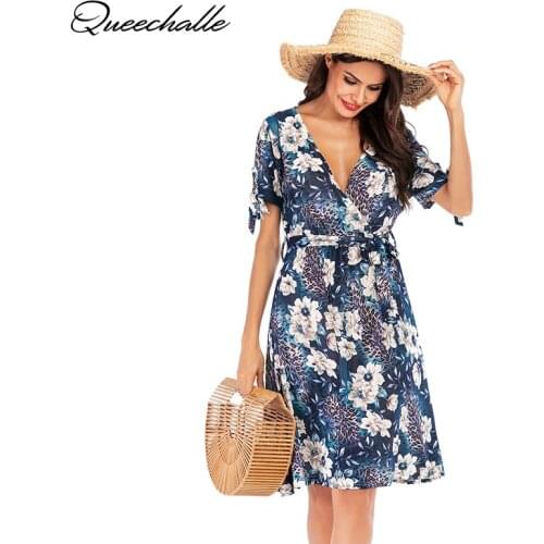V Neck Floral Print Casual Belted Chiffon Dress Women Summer Streetwear High Waist Multicolor Short Sleeve Midi Dresses Vestidos