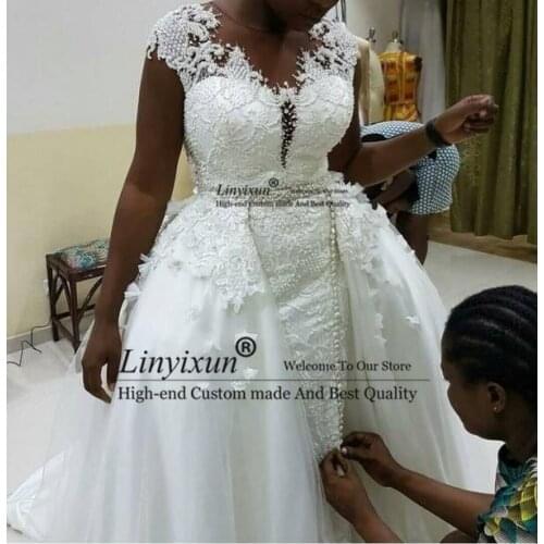 Vestidos De Novia African Lace Wedding Dresses With Detachable Train Handwork Cap Sleeves Sheer Neck Plus Size Bridal Gown