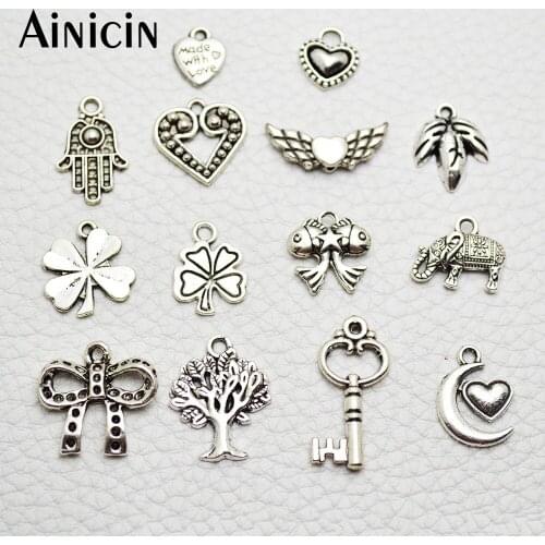100pcs Many Style Ancient Silver Color Heart Wings Clover Elephant Key Alloy Charms Fashion Jewelry Making Findings