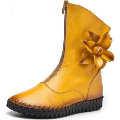 2021 New Spring Front Zipper Hand-sewn Flowers Fashion Boots Soft Cow Leather Boots Flat Plus Velvet Fall Winter Boots Plus Size