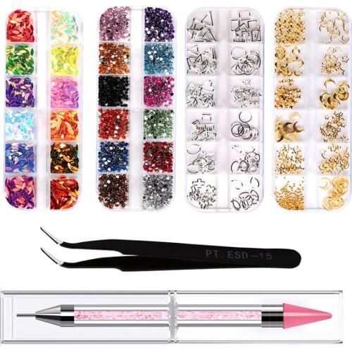 6Pcs DIY Shiny Nail Tips Crystals Rhinestones Nail Art Charms Glitters Flatback Beads Set with Pointed Tweezer Dotting Pens Tool