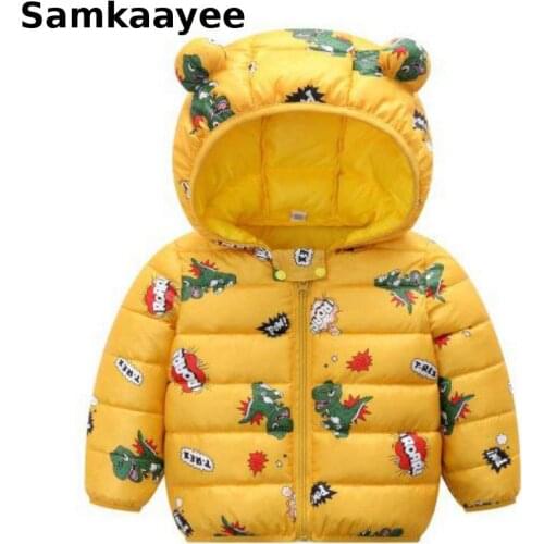 2-7y Kids Coat Children Jacket Winter Baby Girls Boys Hooded Outerwear Parkas Cartoon Dinosaur Print Toddle Warm Clothing Y26