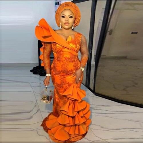 Elegant Orange Prom Dresses Long Mermaid vestido Ruffles Prom Dress Beaded Tiered Nigerian Illusions Evening Dress Custom Made