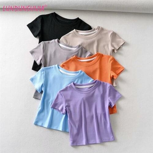 LUNDUNSHIJIA O-Neck Solid T-shirts For Women 2021 Summer Ladies Ribbed Cotton Short Sleeve Slim Short Style Tee Tops 6 Colors