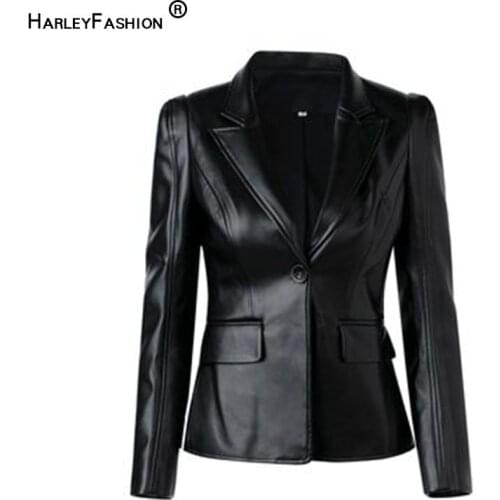 HARLEYFASHION European America Vintage OversizePU Leather Cotton Jackets Notched Long Sleeve Single Button Slim Women Coat