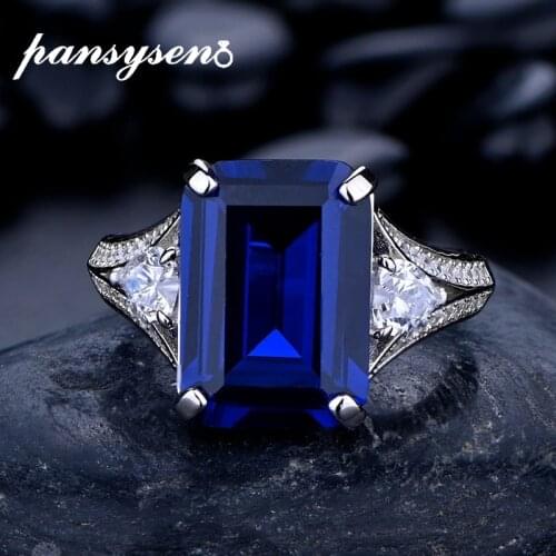 PANSYSEN 100% 925 Sterling Silver Emerald Cut Sapphire Ruby Gemstone Ring Luxury Fine Jewelry Cocktail Rings for Women Wholesale