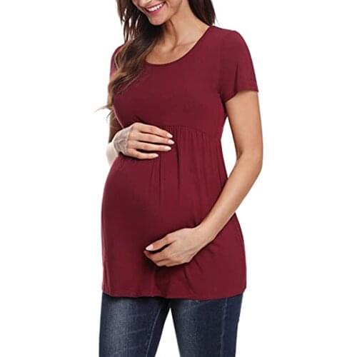 Women Maternity Short Sleeve Fashion Solid Color Round Neck Polyester Tops Pregnancy T-shirt Clothes Summer Pregnant Clothes