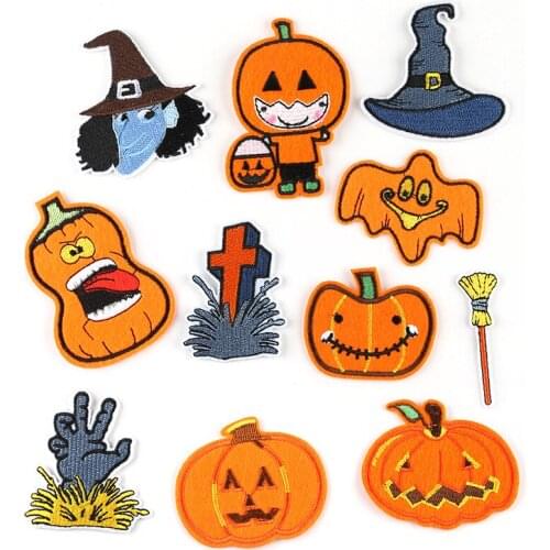 Cartoon yellow Pumpkin Halloween smiling face sticker embroidery ironing On Patches for Clothing transfer applique accessories