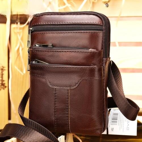 High Quality Cowhide Genuine Leather MensShoulder Messenger Belt Phone Bag Simple Chest Bag Casual Sports Waist Packs