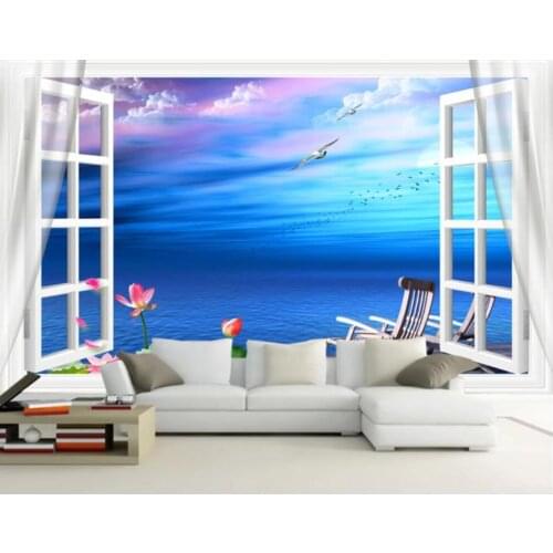 Custom mural wallpaper 3d Blue sea beach deck chair lotus Flower landscape home decor photo Wallpaper in the living room