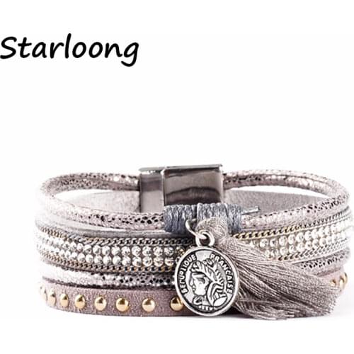 New multi-layer grey PU leather bracelet rhinestone beads tassels alloy pendant magnetic clasp women wrap bijoux Bracelet bangle