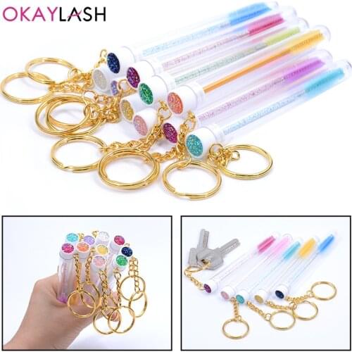 OKAYLASH Reusable Eyelash Brush Tube Plastic Portable Mini Lash Comb Spoolie Container Glitter Cils Mascara Wands Hangable Chain
