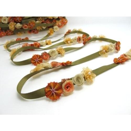 Olive & Orange Flower Rococo Ribbon Trim|Decorative Floral Satin Ribbon|Scrapbook Materials|Clothing|Decor|Craft Supplies
