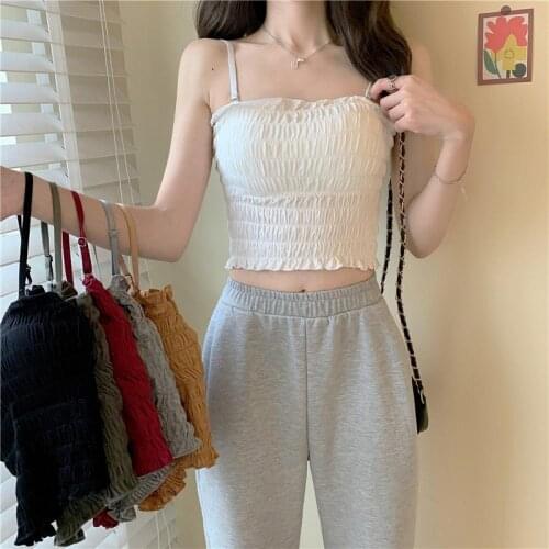 Pleated Short Umbilical Camisole Female Summer Korean Version of Slim and Beautiful Back Bottoming with Chest Pad Blouse Women