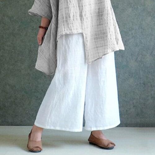 Casual White Vintage Cotton Linen Pants Women Spring Loose Wide Leg Pants Plus Size Summer Trousers Thin Womens Pants 2021