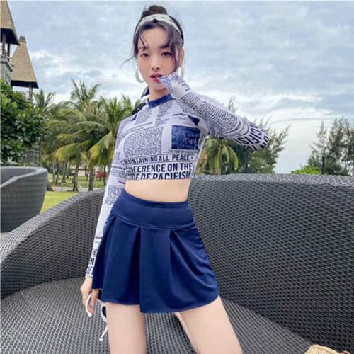 2021 Split Swimsuit Womens Long-Sleeved Two-Piece Skirt-Style Boxer Sports Students Korean Fashion Printing Hot Spring Swimwear