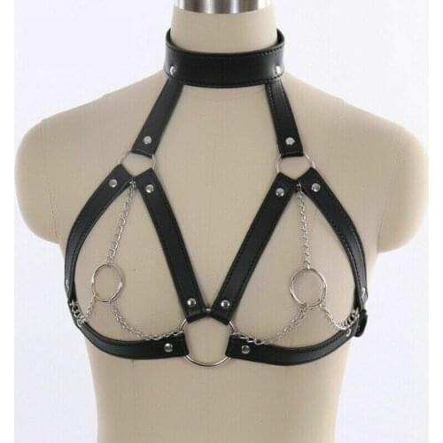 Bondage Restraints Fetish Bondage Wear Faux Leather Chain Lingerie Harness Fantasy Top Open Bra Bdsm Harness Adult Sex Toys