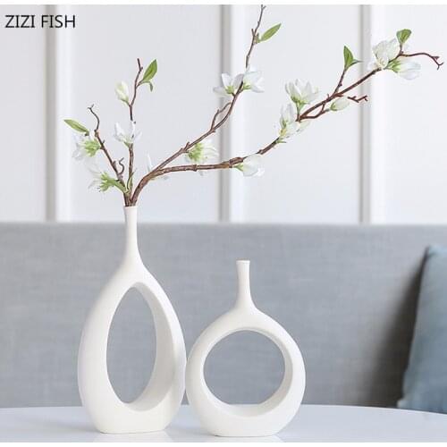 Nordic simple ceramic stem flower vases Hollow vase Floral ornaments Home living room countertop decoration flower insert