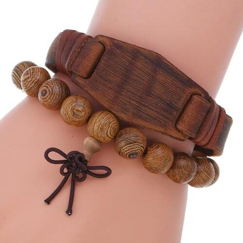 Fashion Vintage Brown Bracelet Set Retro Wide Genuine Leather Wristbands Adjustable Wood Beads Charm Bangles Punk Hiphop Jewelry
