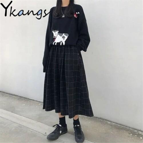 Japanese Style Elastic High Waist Long Skirts Woman Autumn Winter Female Loose Korean Plaid A-Line Pleated Skirt Harajuku Spring