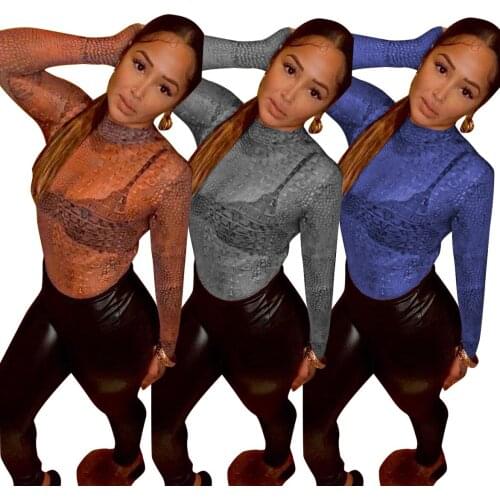 Sexy Long Sleeve Shirt Women Tee Shirt Femme Solid O-neck Mesh Top Ropa Mujer