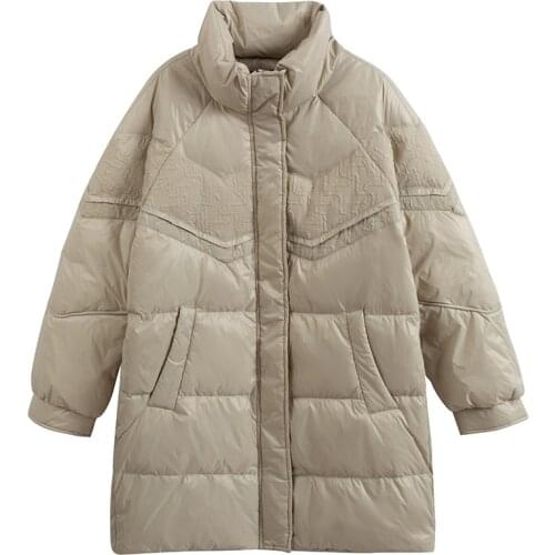 Winter 2021 new down jacket womens fashion mid-length pleated embossed loose white duck down long-sleeved jacket
