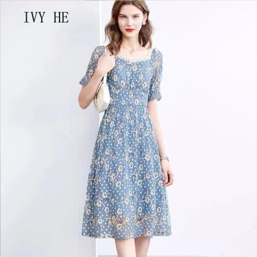 IVY HE High Quality Summer Dress Woman Clothing Lace Hollow Out Blue DOT Sweet Rose Midi Long Dress Traf Robe ZA Vintage Dresses