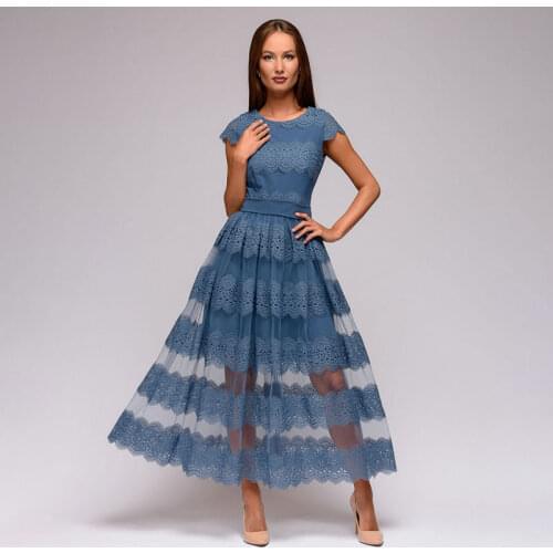 Women Casual Lace a Line Party Dress Ladies Short Sleeve O-Neck Solid Spring Dress 2020 New Fashion Midi Dress Vestidos