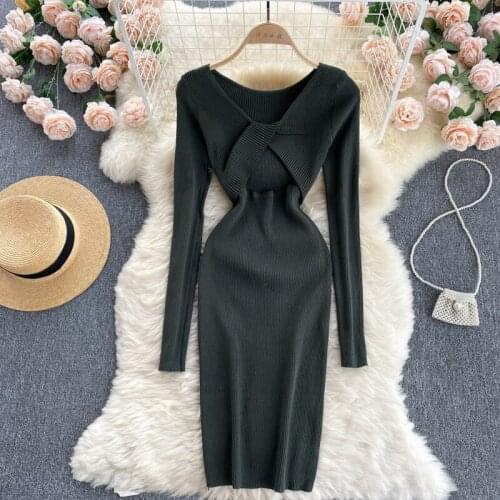 Pure Long Sleeve Knitted Midi Bodycon Basic Black Casual Pullover Dress Women Elegant Cotton Maxi Dresses Woman Sexy Clothes