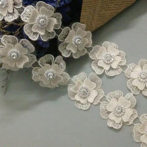 1 yard 5X5cm Ivory Polyester Pearl Flower Embroidered Lace Trim Ribbon Fabric Handmade Sewing Craft For Costume Hat Decoration
