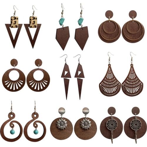 2021 New Designer Geometric Wood Earrings for Women Trendy Natural Wooden Statement Earrings Handmade Africa Jewelry Wholesale