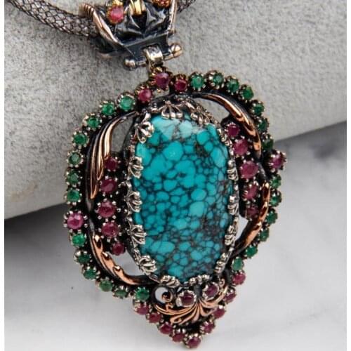 Turquoise - Ruby - Emerald Special Workmanship 925 Sterling Silver Necklace