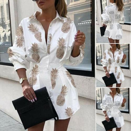 2020 Summer Autumn Fashion Women Long Sleeve Blouses Button V Neck Letters pineapple print High Waist Collection Blouses Top