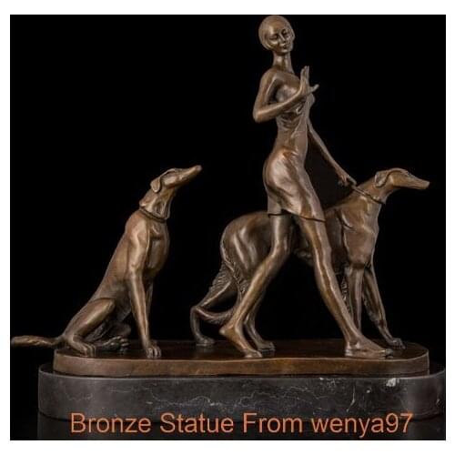 Art Deco Sculpture Lady Girl Woman Walking With dog Bronze Statue