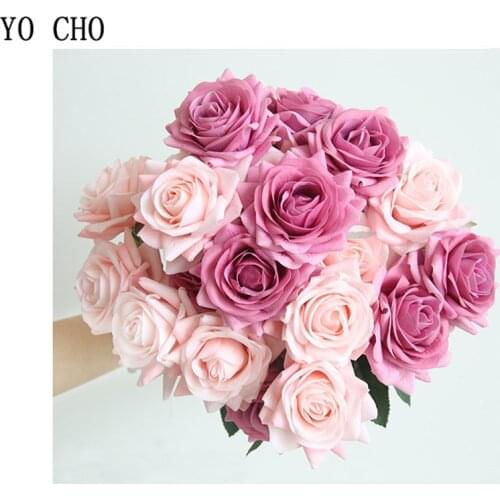 YO CHO Wedding Bouquet Bride Bridesmaid Rose Bouquets Pink White Artificial Silk Flowers DIY Wedding Table Center Accessories