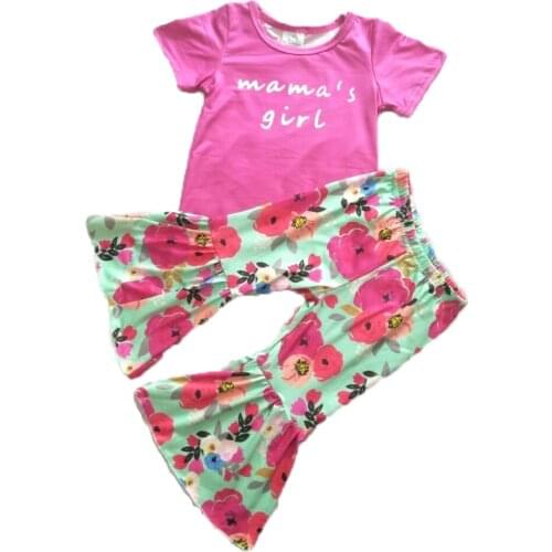 Boutique baby girl summer clothes rose red top and flowers bell pants 2pieces set girl short sleeve outfit with letters