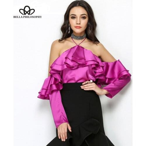 HStar 2020 summer women sexy satin slash neck shirt solid backless ladies ruffles blusas halter full sleeve blouse