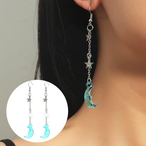 Korean Version of Creative Simple Long Moon Five-Pointed Star Tassel Earrings Cute and Popular Color Earrings