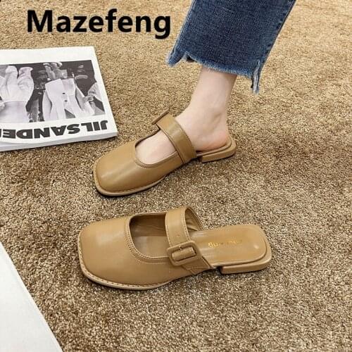 Mazefeng 2021 New Solid Mules Women Slides Square Toe Ladies Striped Shoes Summer Fashion Footwear Plus Big Size 35-40 Slippers