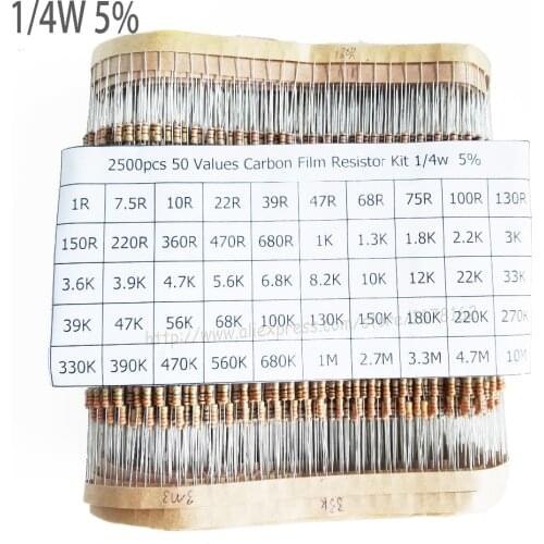 2500pcs/lot 1/4W 0.25w 5% Carbon Film Resistor Kit 50 Values Assortment Pack Mix Selection (1R-10M)