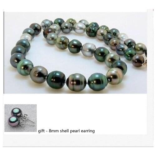 Natural tahitian black gray green pearl necklace earring set 18"