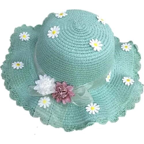 Little Girls Beach Straw Hat Kids Lace Flower Band Boater Summer Straw Hat Sun Visor Children Floppy Hat Straw Bag Set