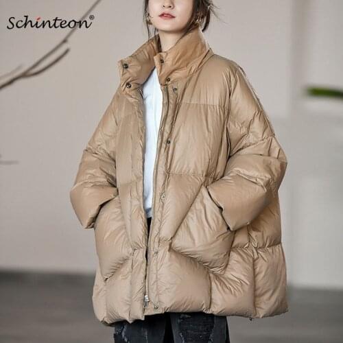 Schinteon Women Light Down Jacket Over Size White Duck Down Coat Loose Warm Autumn Winter Casual Outwear 2021 New