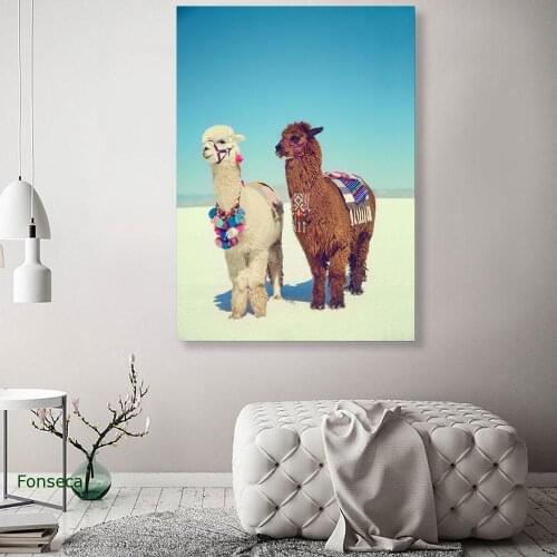 Cute Two Alpacas Canvas Painting Llama Animal Desert Poster And Prints Wall Art Nursery Decorative Pictures Home Decor