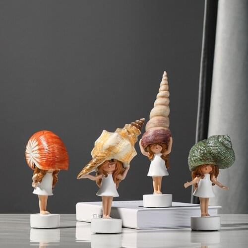 Modern Cute Shell Girl Figurines Kawaii Cartoon Sea Snail Girl Resin Fairy Garden Miniatures Figurines Crafts Birthday Gifts