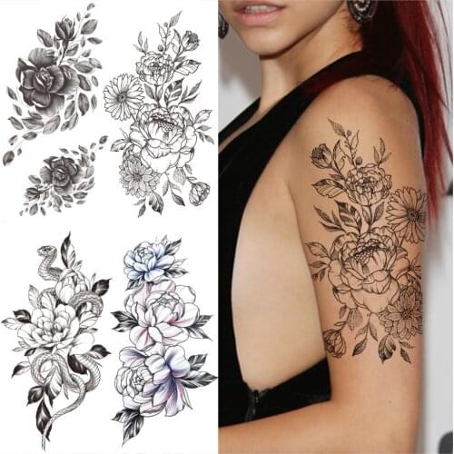 Black Peony Flower Half Sleeve Tattoo Sticker For Women Men Mamba Snake Dahlia Temporary Tattoos DIY Forearm Thigh Fake Tatoos