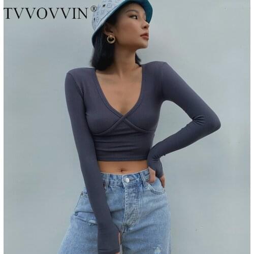 TVVOVVIN Hot Girls Love Sexy V Neck Low-cut Cross-pointed Full Sleeve T-shirt Slimming Waist-tight Autumn New Base Tops IL2L