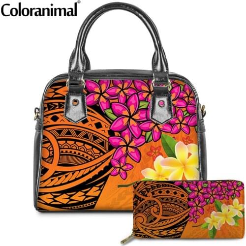 Coloranimal Fashion Ethnic Design Polynesian Plumeria Printed PU Shoulder Bag for Women 2Pcs/Set Tote Handbag With Purse Bolsa